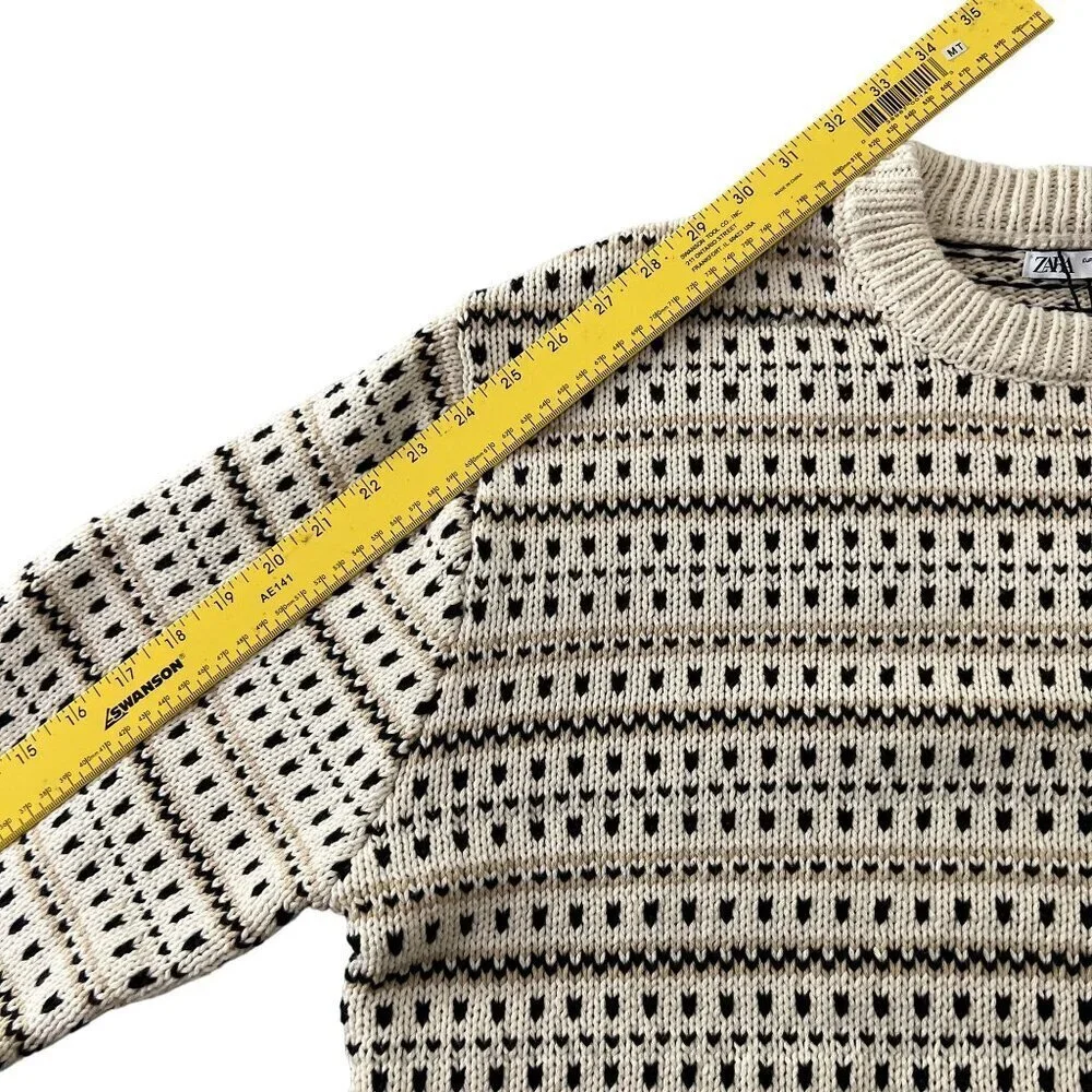 Zara Mens L Geometric Textured Knit Patterned Crewneck Sweater Vintage Inspired